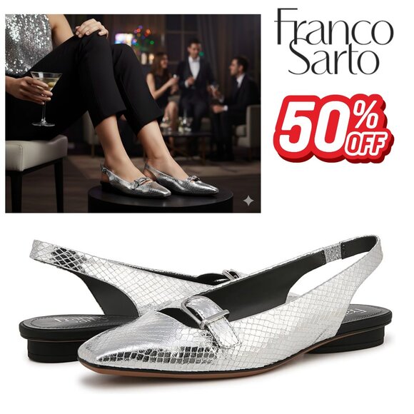 NEW Franco Sarto Shoes Silver Metallic Snakeskin Pattern Party Heels Slingbacks - Picture 1 of 10